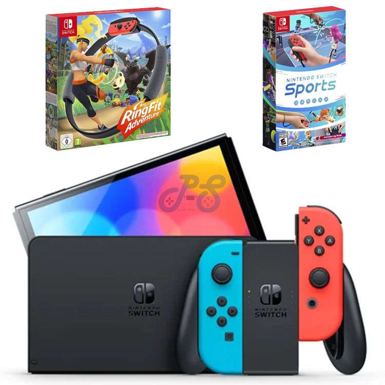 nintendo switch oled with neon blue and neon red joycon work out bundle