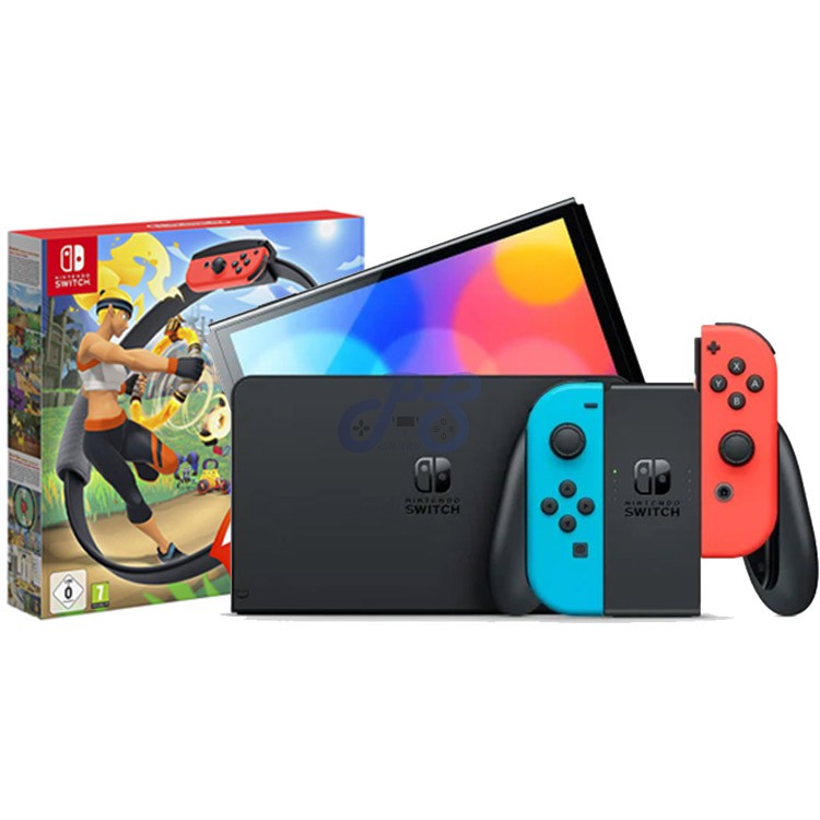 nintendo switch oled with neon blue and neon red joycon ring fit adventures