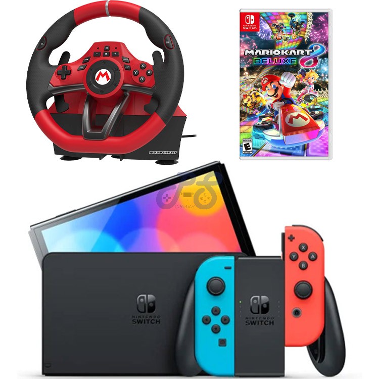 nintendo switch oled with neon blue and neon red joycon pro racing bundle