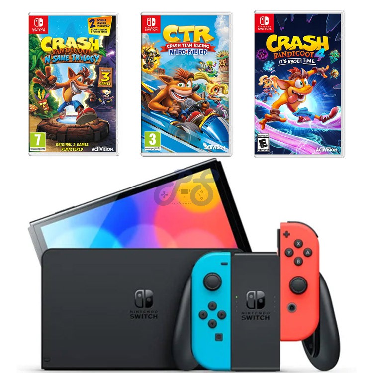 nintendo switch oled with neon blue and neon red joycon crash bandicoot bundle