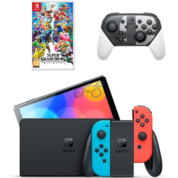 nintendo switch oled with neon blue and neon red joycon super smash pro limited edition bundle