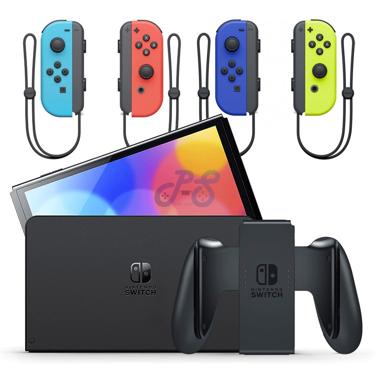 nintendo switch oled with neon blue and neon red joycon joycon blue and neon yellow