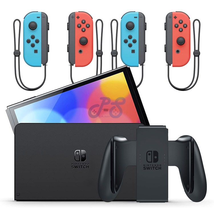 nintendo switch oled with neon blue and neon red joycon joycon neon blueneon red