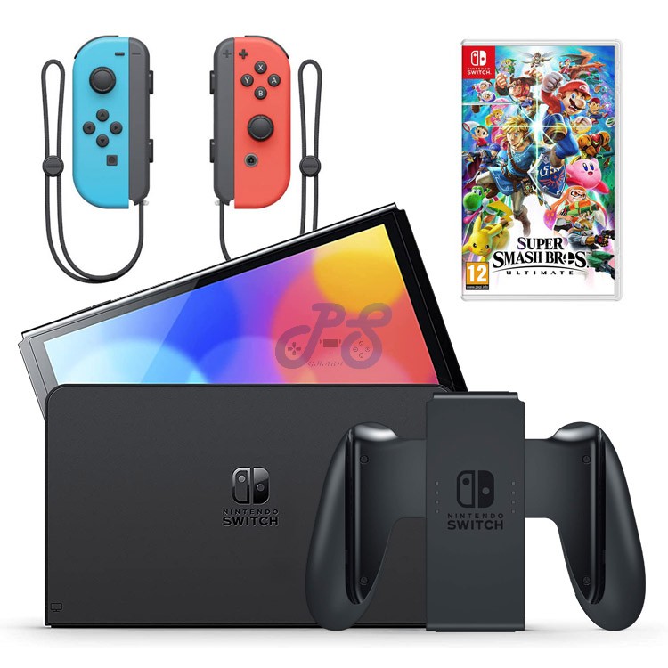 nintendo switch oled with neon blue and neon red joycon super smash party bundle