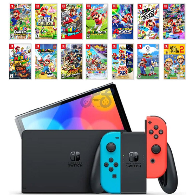 nintendo switch oled with neon blue and neon red joycon super mario bundle