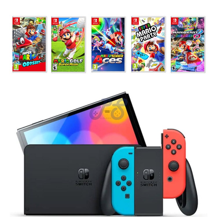 nintendo switch oled with neon blue and neon red joycon mario motion bundle