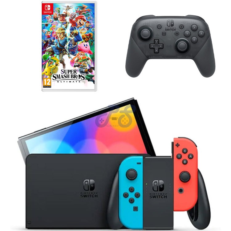 nintendo switch oled with neon blue and neon red joycon super smash pro bundle