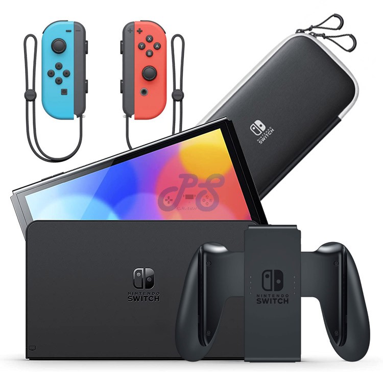 nintendo switch oled with neon blue and neon red joycon essential bundle