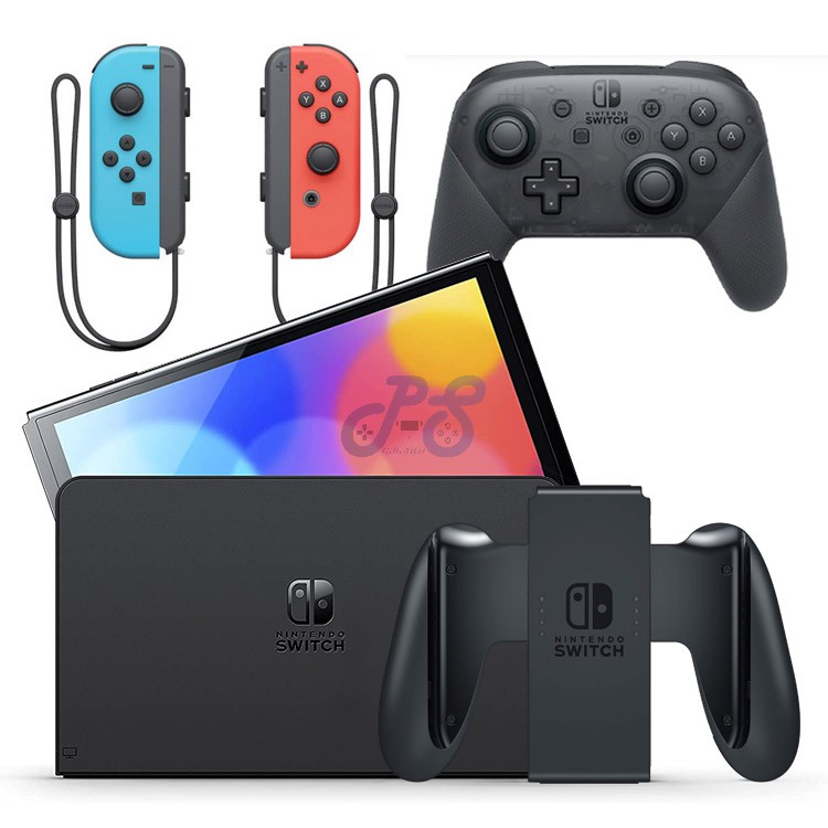 nintendo switch oled with neon blue and neon red joycon pro controller grey