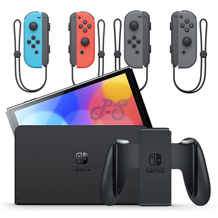 nintendo switch oled with neon blue and neon red joycon joycon grey