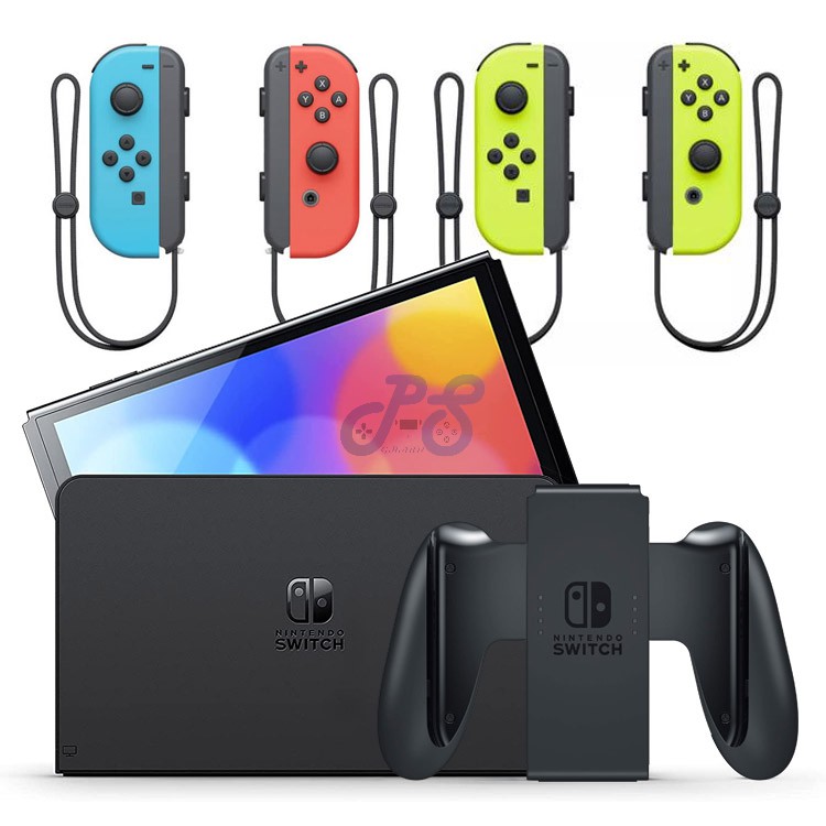 nintendo switch oled with neon blue and neon red joycon joycon neon yellow