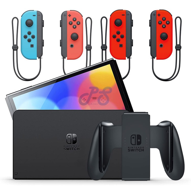 nintendo switch oled with neon blue and neon red joycon joycon neon red