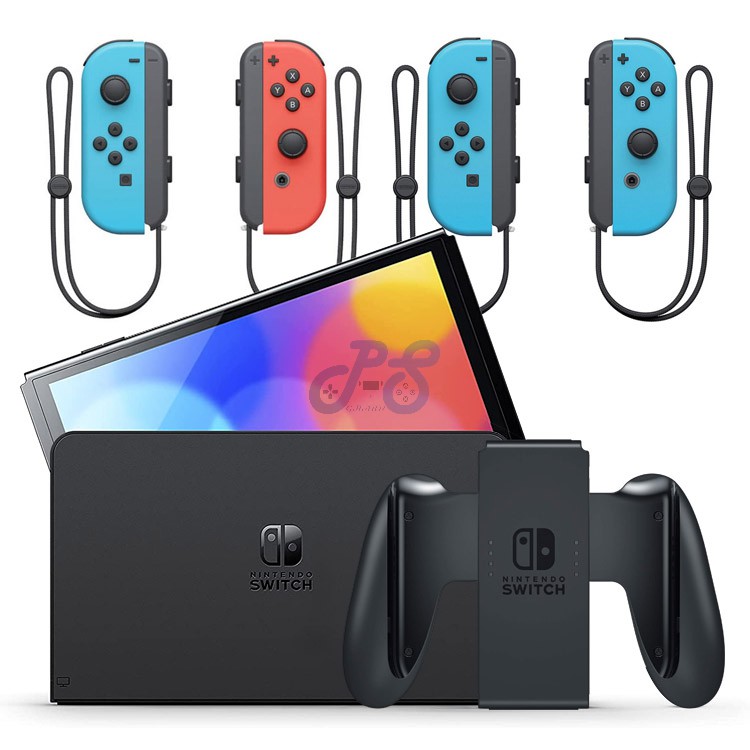 nintendo switch oled with neon blue and neon red joycon joycon neon blue